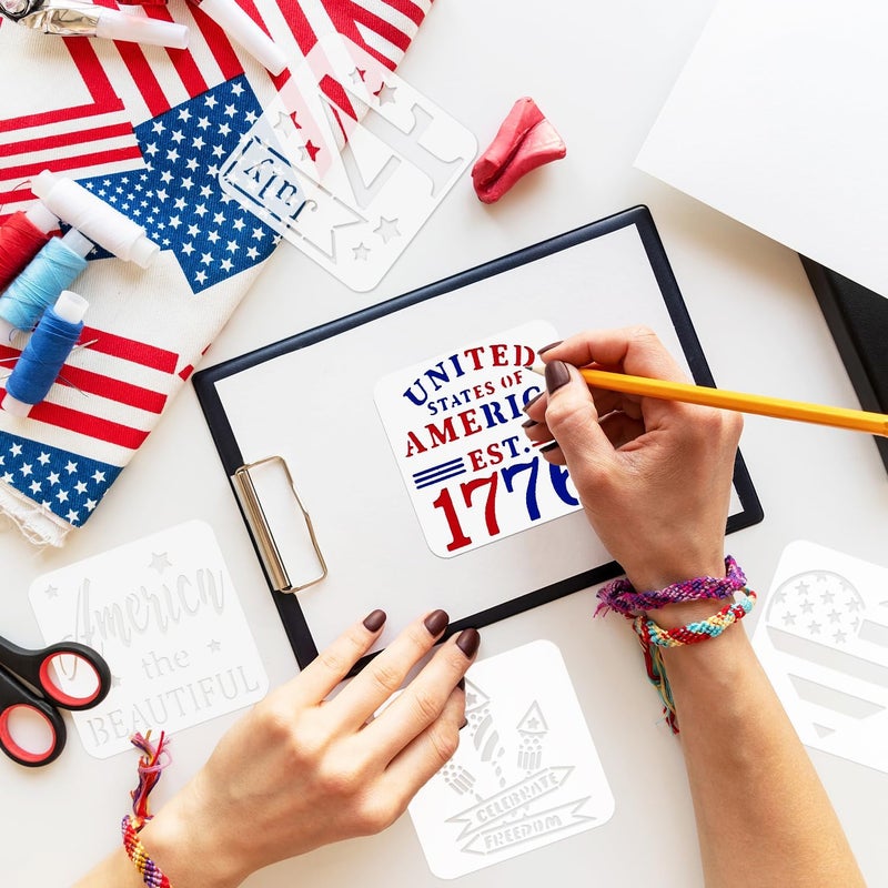 Resflyar Patriotic Stencils, 24 PCS Reusable 4th of July Stencils Independence Day Templates for Painting American Flag Scrapbooking Wall Floor Home Decor DIY Rock Painting Art Projects 3 x 3 Inch - Image 3